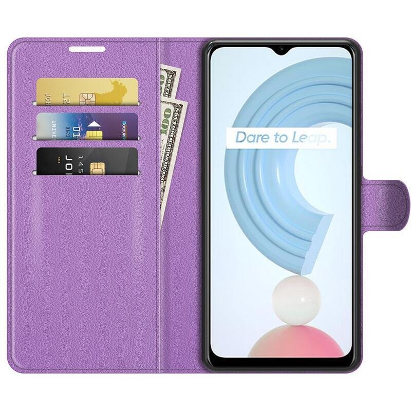 Litchi PU bőr pénztárca tok mobiltelefonhoz Realme C21Y/C25Y - lila
