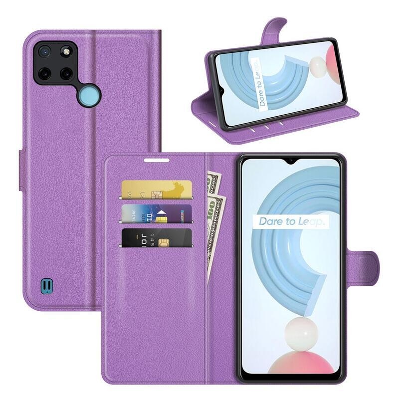 Litchi PU bőr pénztárca tok mobiltelefonhoz Realme C21Y/C25Y - lila