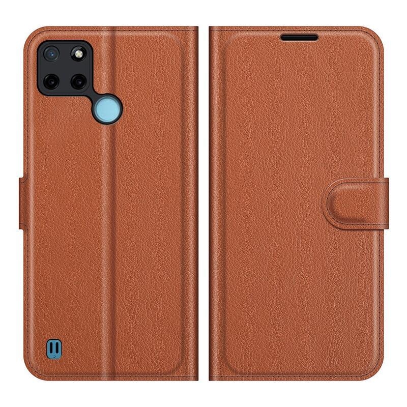Litchi PU bőr pénztárca tok mobiltelefonhoz Realme C21Y/C25Y - barna