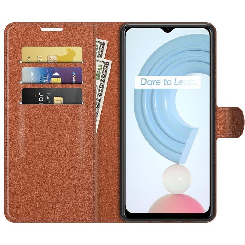 Litchi PU bőr pénztárca tok mobiltelefonhoz Realme C21Y/C25Y - barna