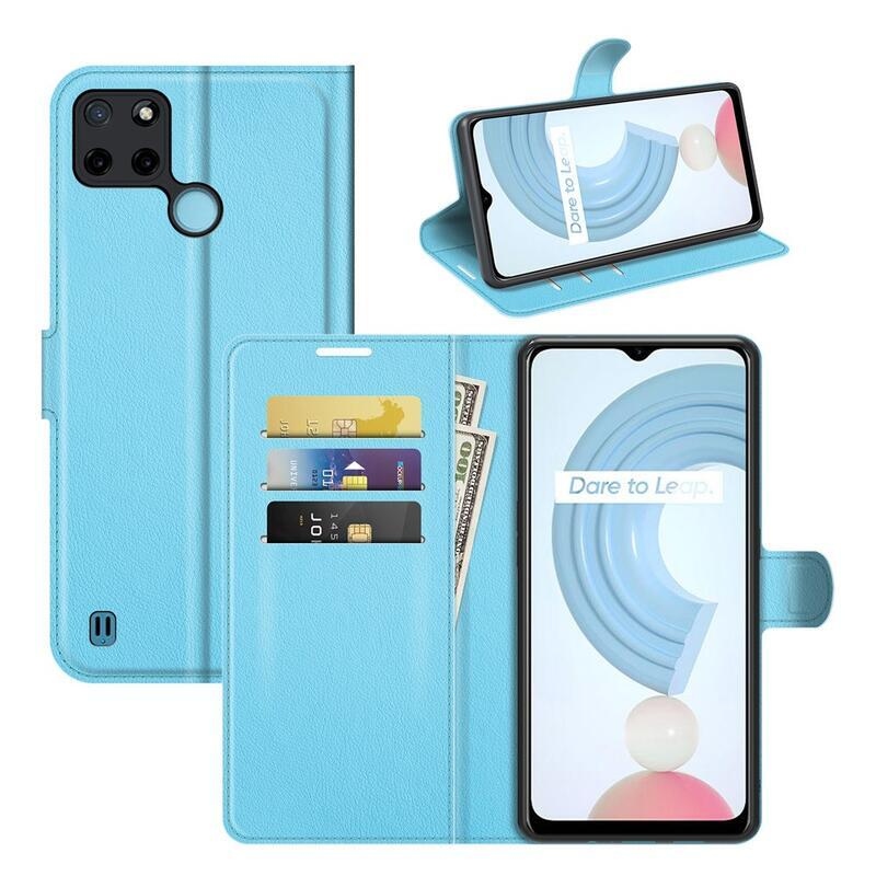 Litchi PU bőr pénztárca tok mobiltelefonhoz Realme C21Y/C25Y - kék
