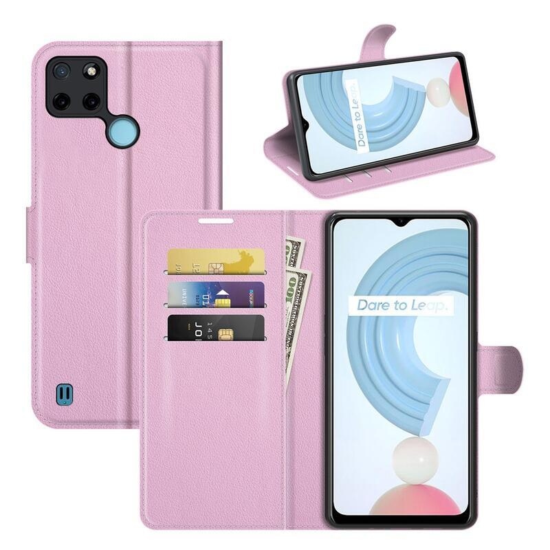 Litchi PU bőr pénztárca tok mobiltelefonhoz Realme C21Y/C25Y - rózsaszínű