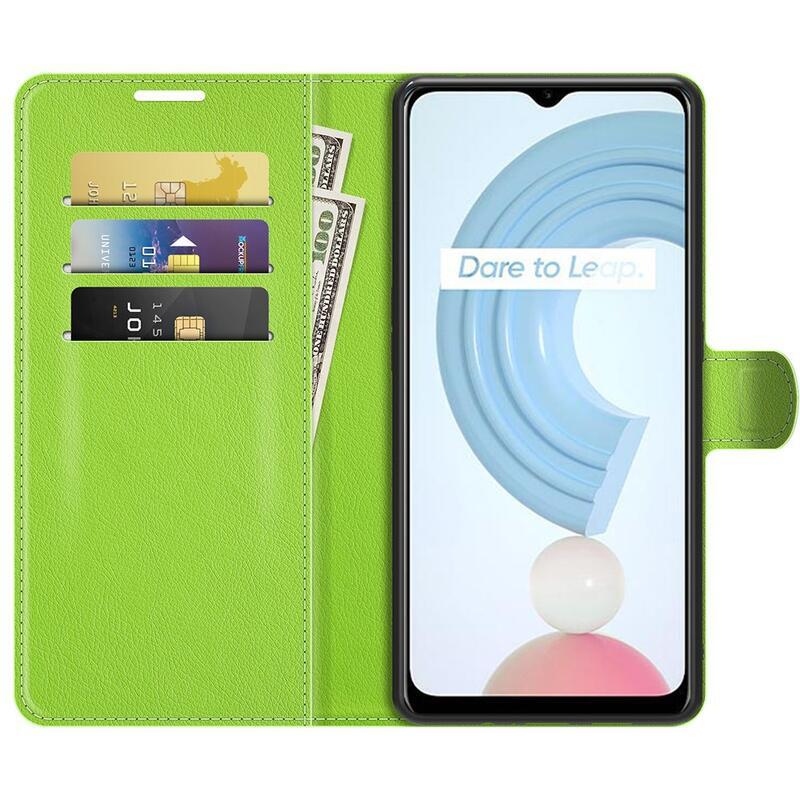 Litchi PU bőr pénztárca tok mobiltelefonhoz Realme C21Y/C25Y - zöld
