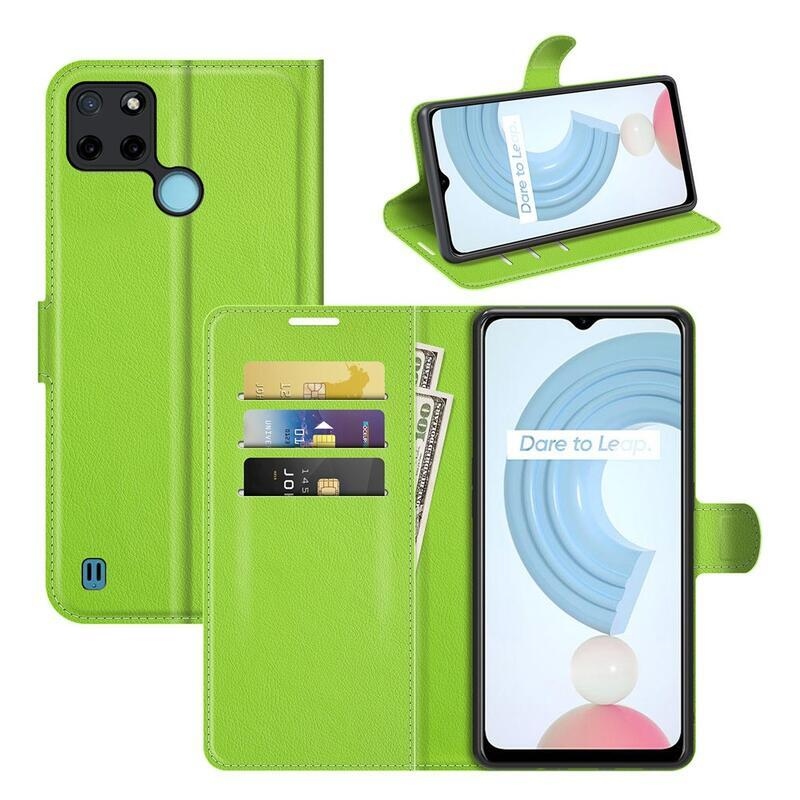 Litchi PU bőr pénztárca tok mobiltelefonhoz Realme C21Y/C25Y - zöld