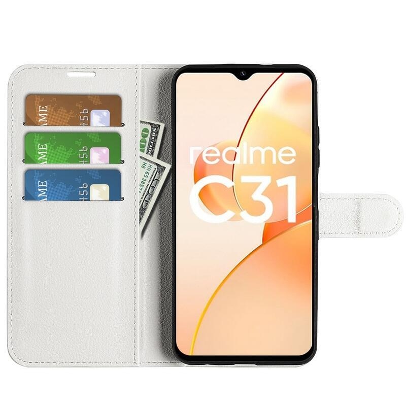 Litchi PU bőr pénztárca tok mobilhoz Realme C31 - fehér