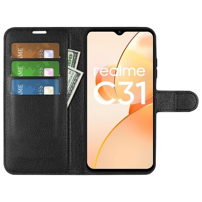 Litchi PU bőr pénztárca tok mobilhoz Realme C31 - fekete