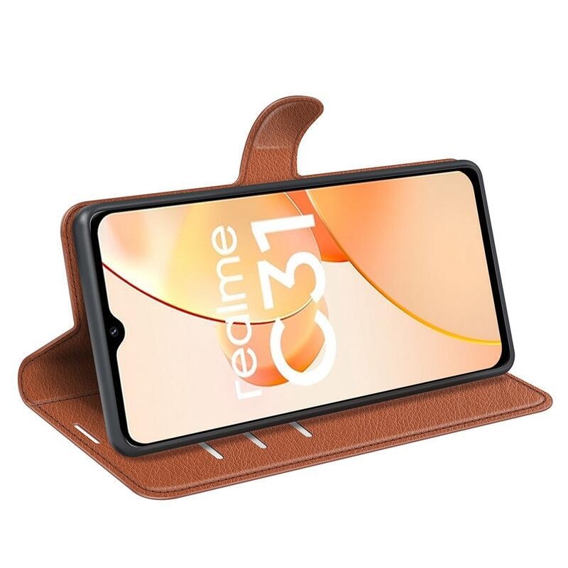 Litchi PU bőr pénztárca tok mobiltelefonra Realme C31 - barna