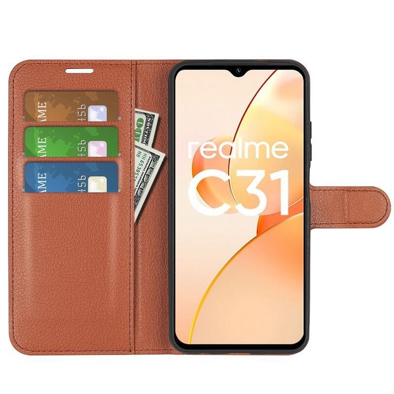 Litchi PU bőr pénztárca tok mobiltelefonra Realme C31 - barna