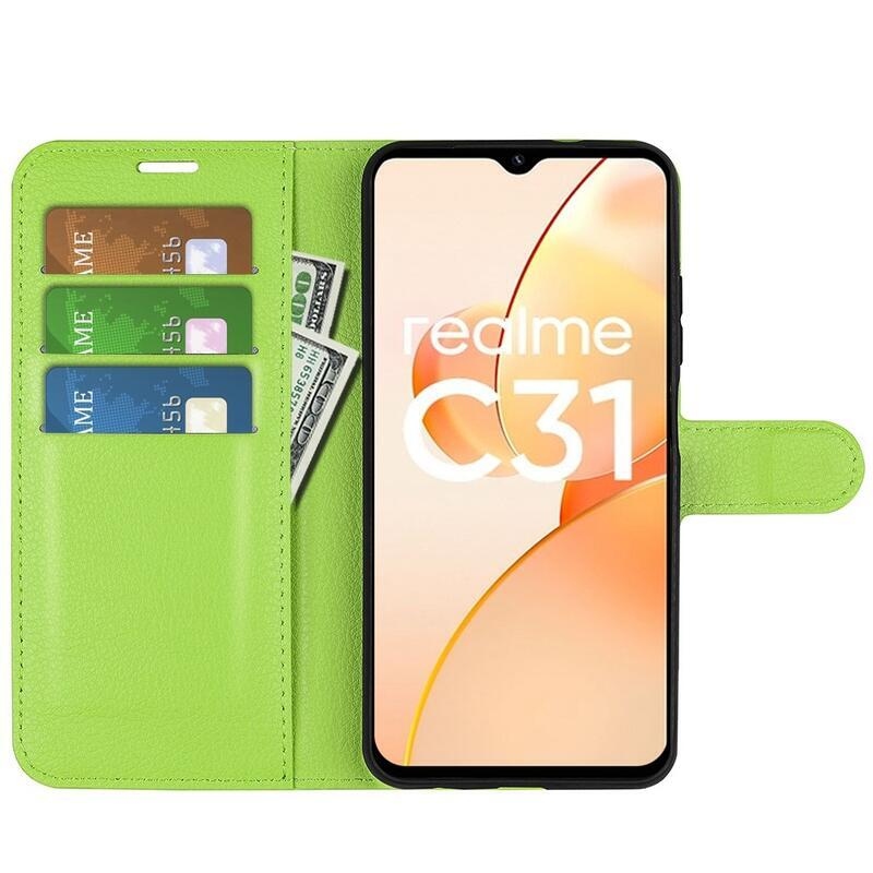 Litchi PU bőr pénztárca tok mobilhoz Realme C31 - zöld