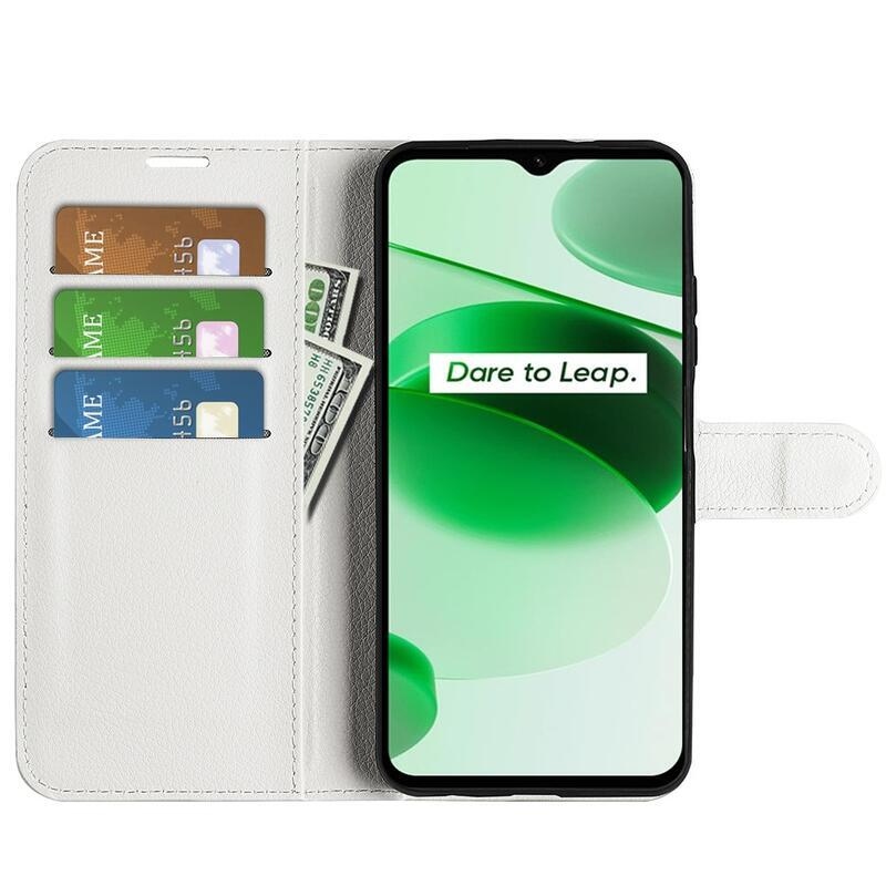 Litchi PU bőr pénztárca tok a Realme C35 mobiltelefonhoz - fehér