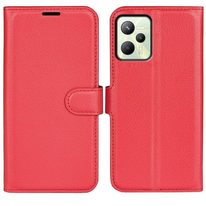 Litchi PU bőr pénztárca tok Realme C35 mobiltelefonhoz - piros