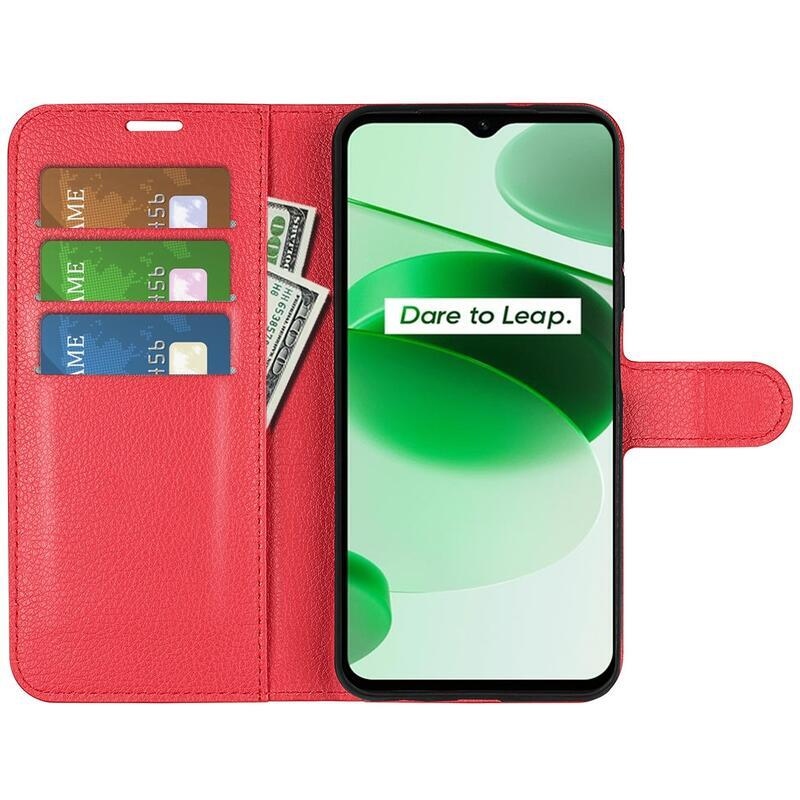Litchi PU bőr pénztárca tok Realme C35 mobiltelefonhoz - piros