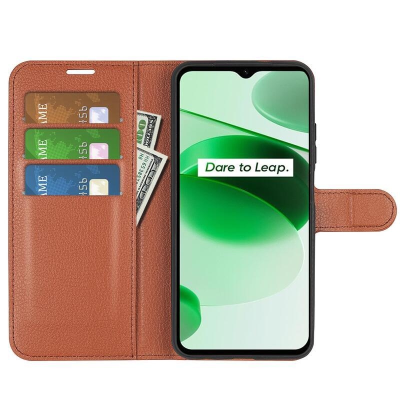 Litchi PU bőr pénztárca tok mobiltelefonhoz Realme C35 - barna