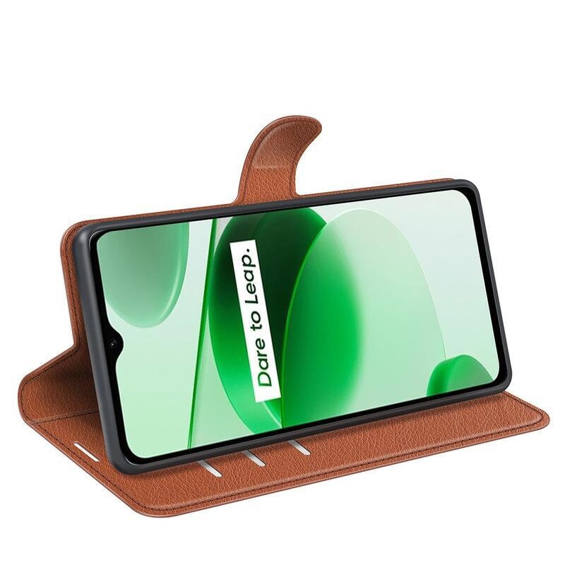 Litchi PU bőr pénztárca tok mobiltelefonhoz Realme C35 - barna