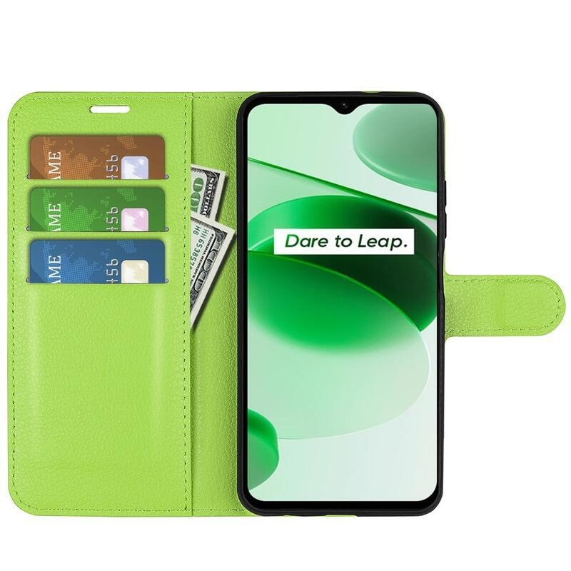Litchi PU bőr pénztárca tok mobilhoz Realme C35 - zöld
