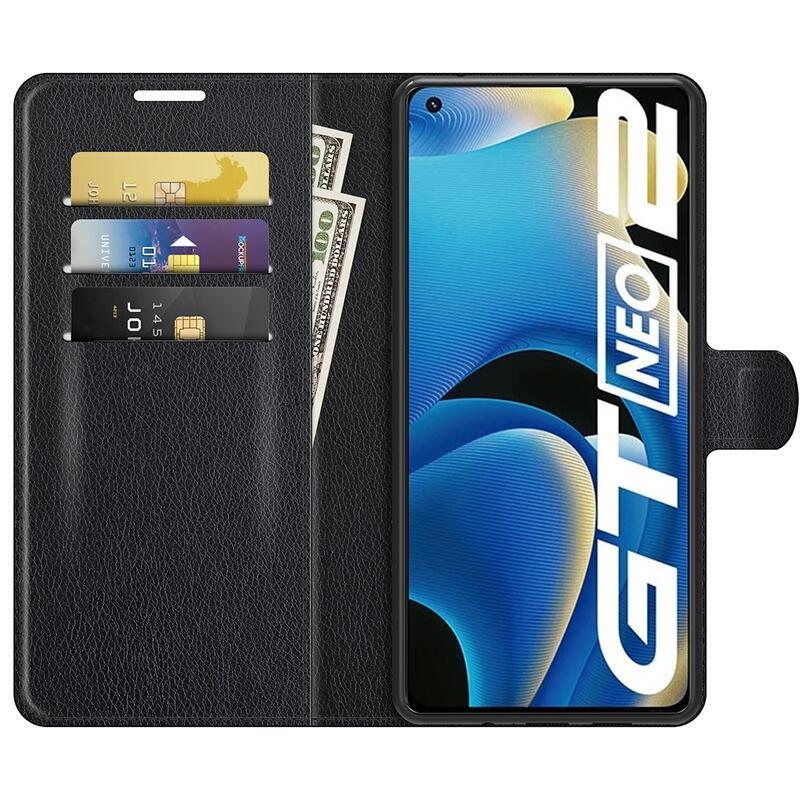 Litchi PU bőr pénztárca tok a Realme GT Neo 2 számára - fekete