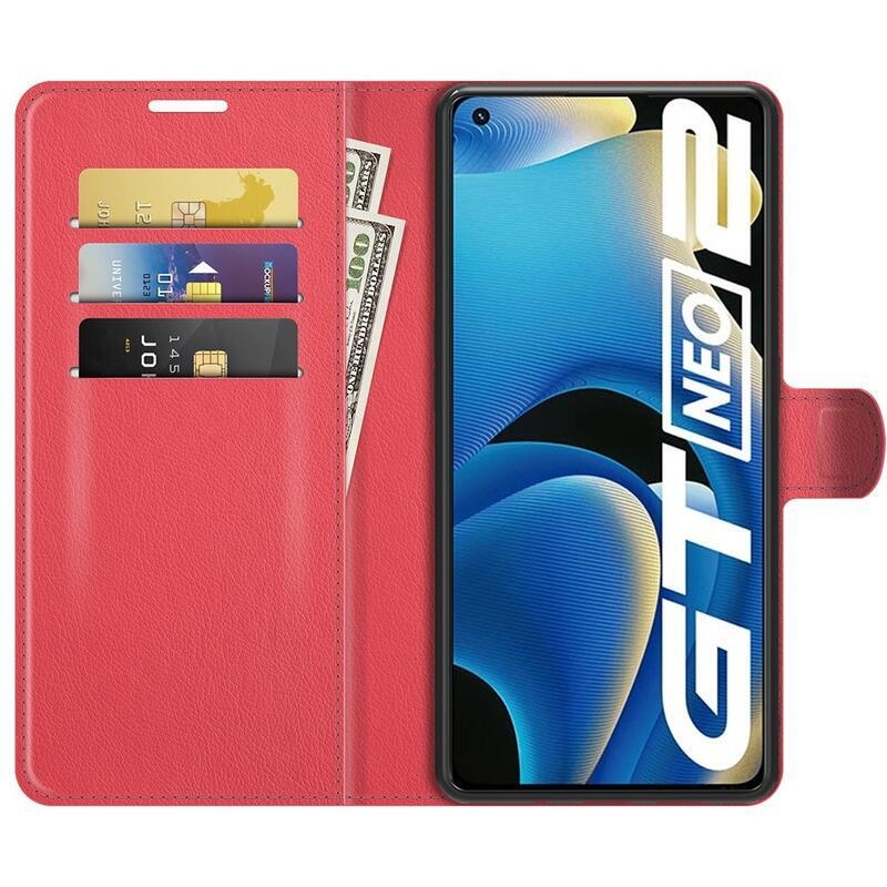 Litchi PU bőr pénztárca tok a Realme GT Neo 2 számára - piros
