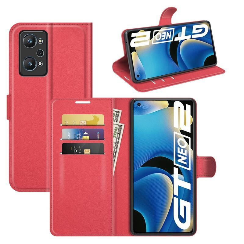 Litchi PU bőr pénztárca tok a Realme GT Neo 2 számára - piros