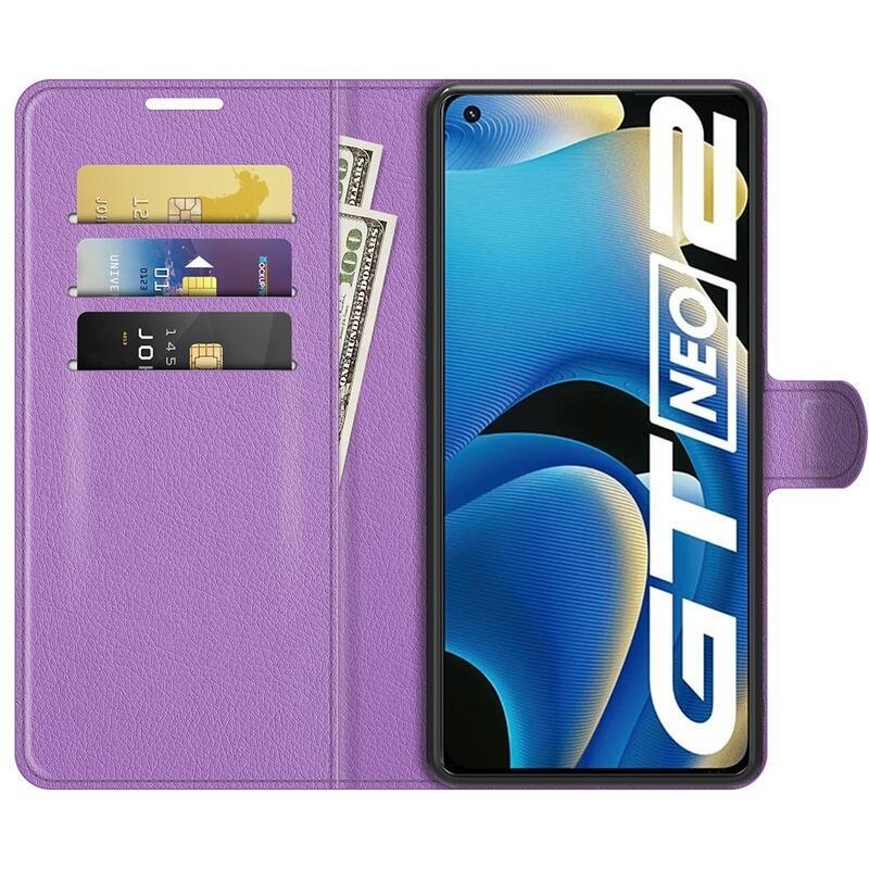 Litchi PU bőr pénztárca tok a Realme GT Neo 2 számára - lila