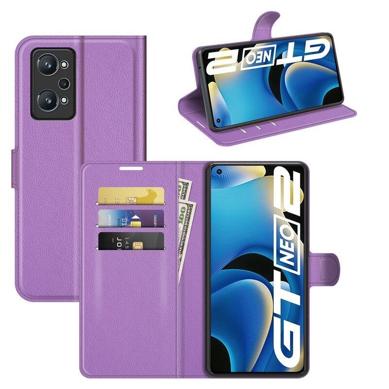 Litchi PU bőr pénztárca tok a Realme GT Neo 2 számára - lila