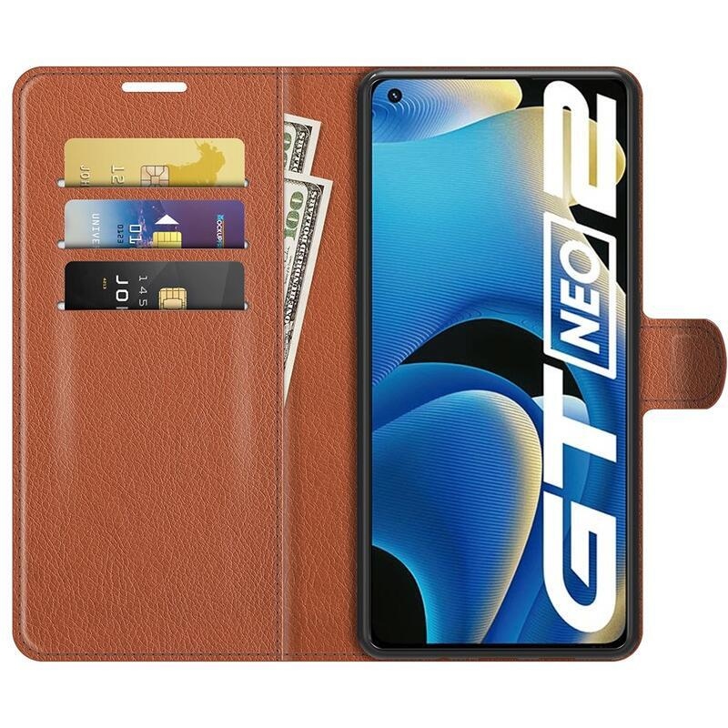 Litchi PU bőr pénztárca tok a Realme GT Neo 2 számára - barna