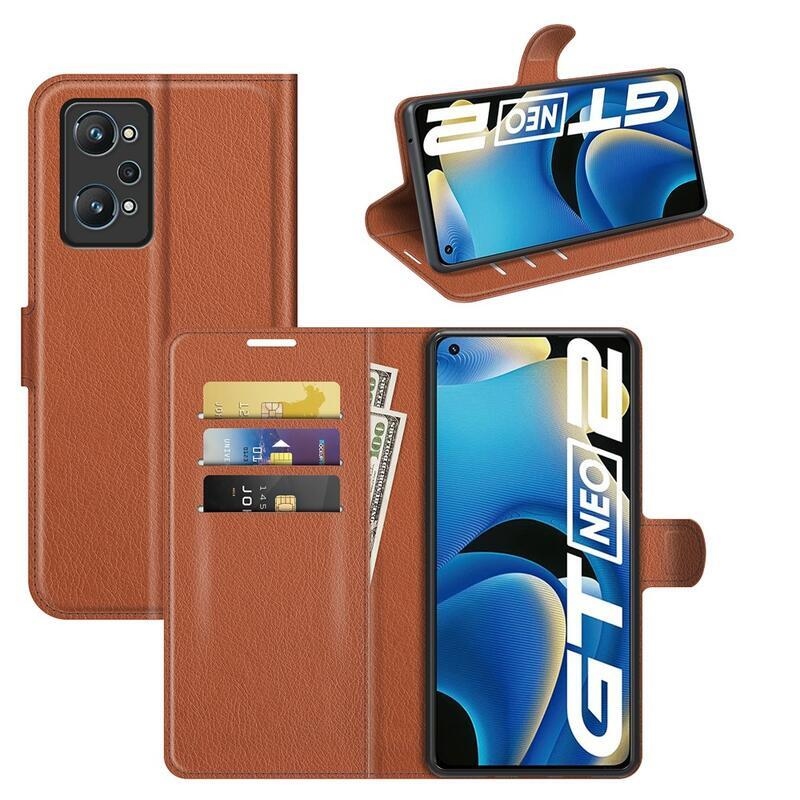 Litchi PU bőr pénztárca tok a Realme GT Neo 2 számára - barna