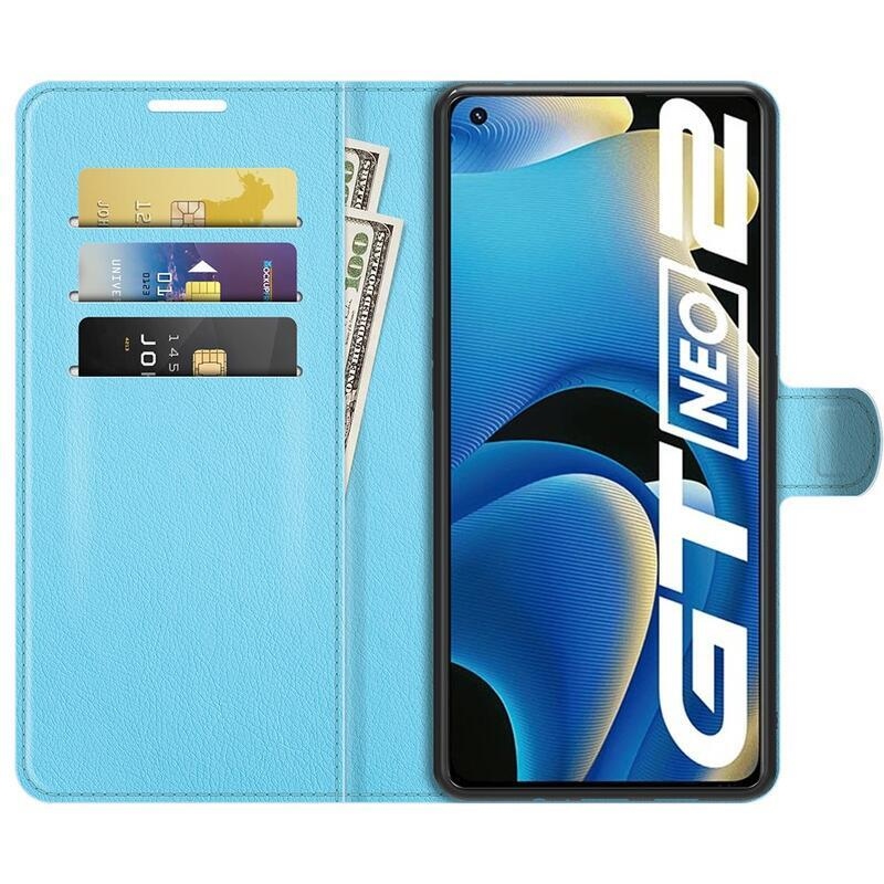 Litchi PU bőr pénztárca tok a Realme GT Neo 2 számára - kék