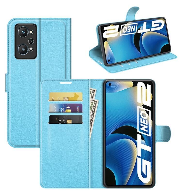 Litchi PU bőr pénztárca tok a Realme GT Neo 2 számára - kék