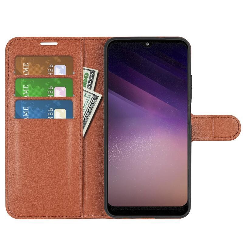 Litchi PU bőr pénztárca tok Samsung Galaxy A03-hoz - barna