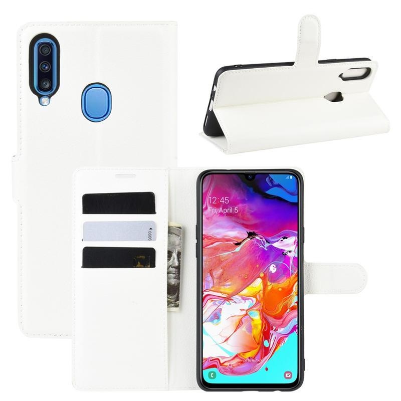 Litchi PU bőr pénztárca tok Samsung Galaxy A20s készülékhez - fehér