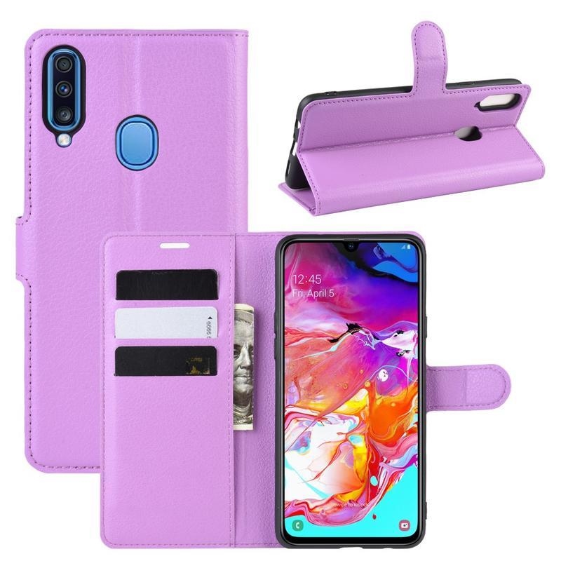 Litchi PU bőr pénztárca tok Samsung Galaxy A20s készülékhez - lila