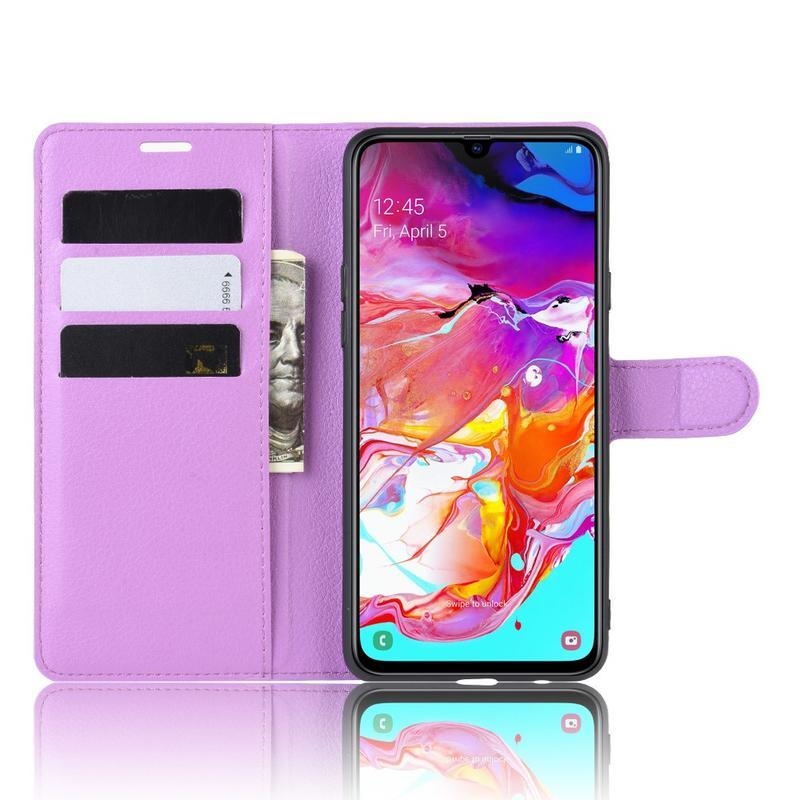 Litchi PU bőr pénztárca tok Samsung Galaxy A20s készülékhez - lila