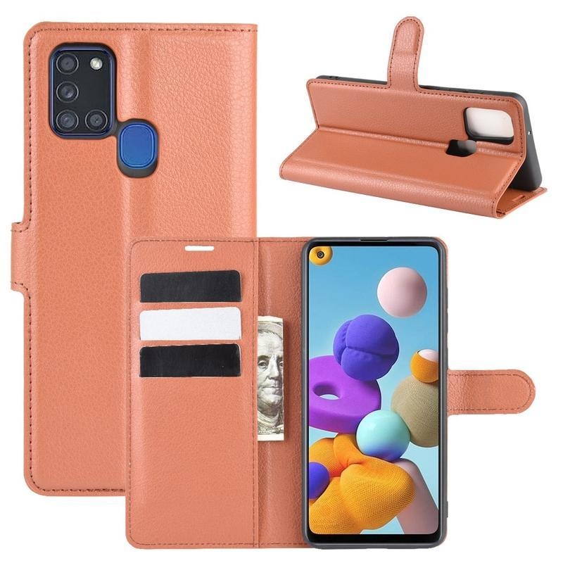 Litchi PU bőr pénztárca tok Samsung Galaxy A21s készülékhez - barna