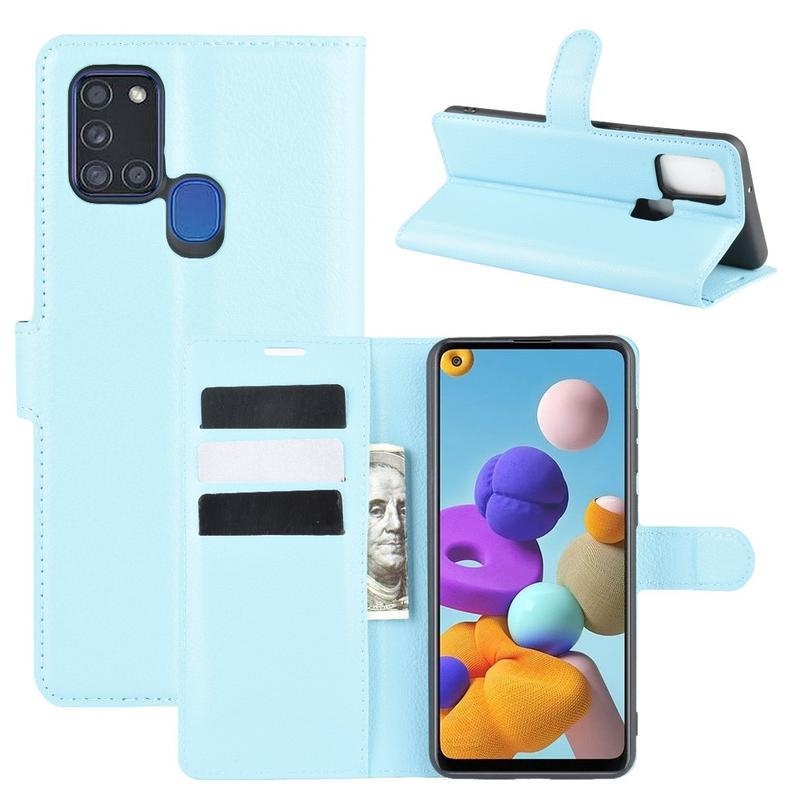 Litchi PU bőr pénztárca tok Samsung Galaxy A21s készülékhez - kék