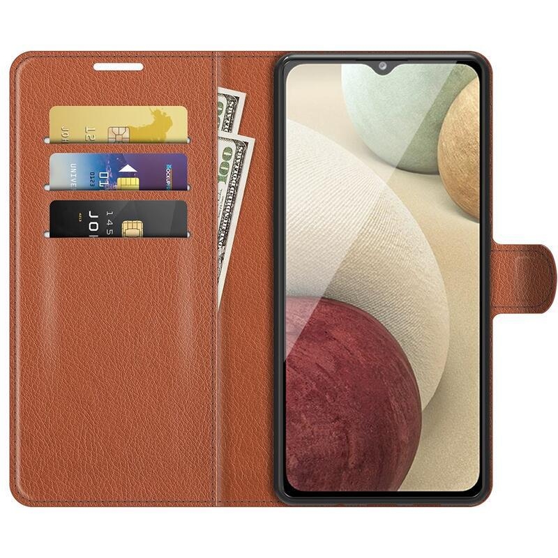 Litchi PU bőr pénztárca tok Samsung Galaxy A22 4G/M22 készülékhez - barna