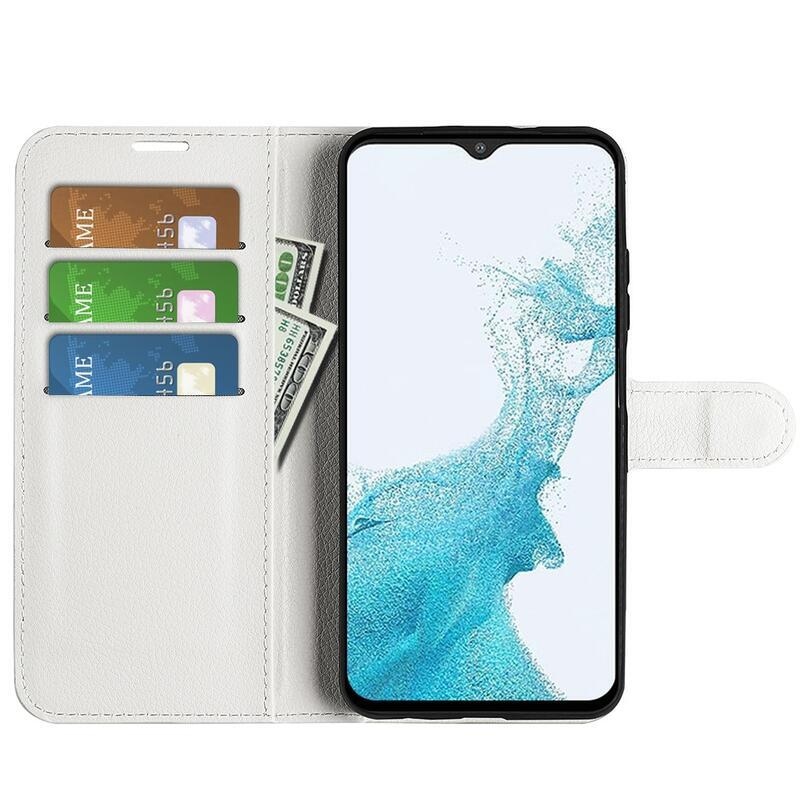 Litchi PU bőr pénztárca tok Samsung Galaxy A23 4G/5G készülékhez - fehér