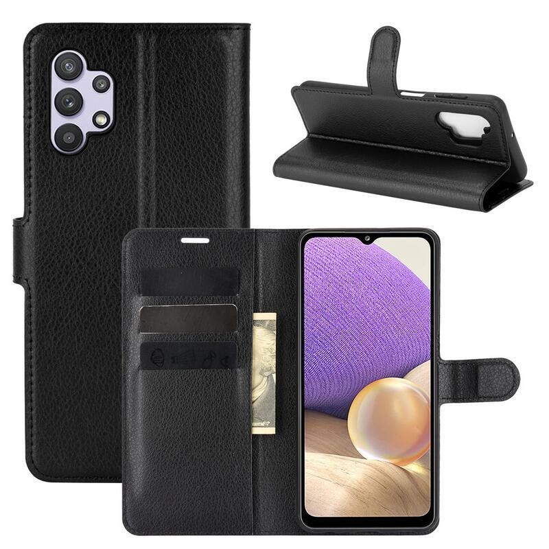 Litchi PU bőr pénztárca tok Samsung Galaxy A32 5G - fekete