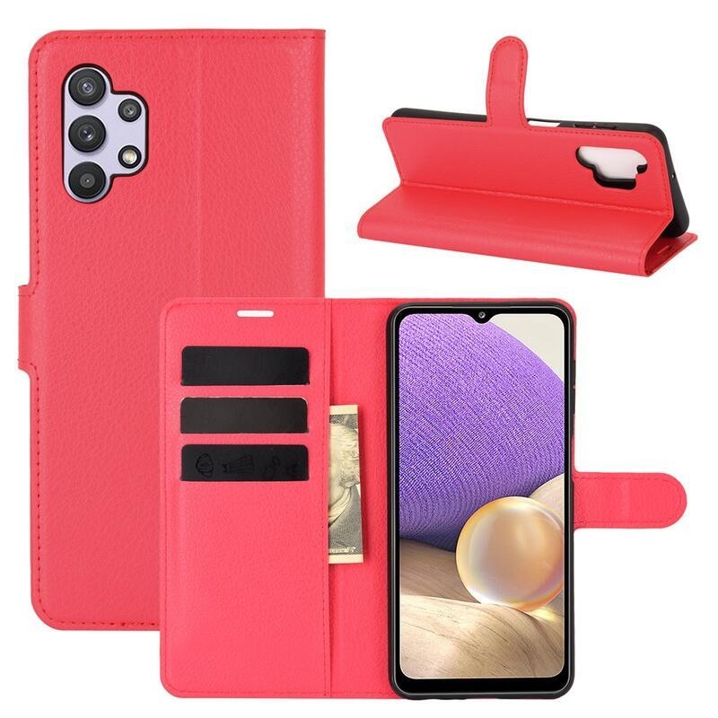 Litchi PU bőr pénztárca tok Samsung Galaxy A32 5G - piros
