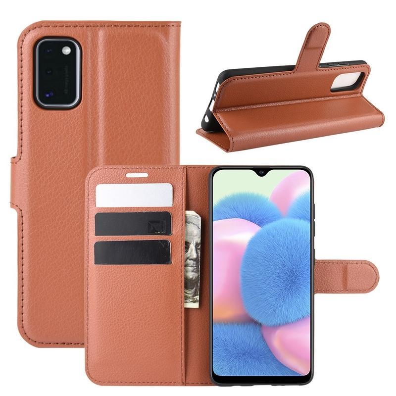 Litchi PU bőr pénztárca tok Samsung Galaxy A41-hez - barna