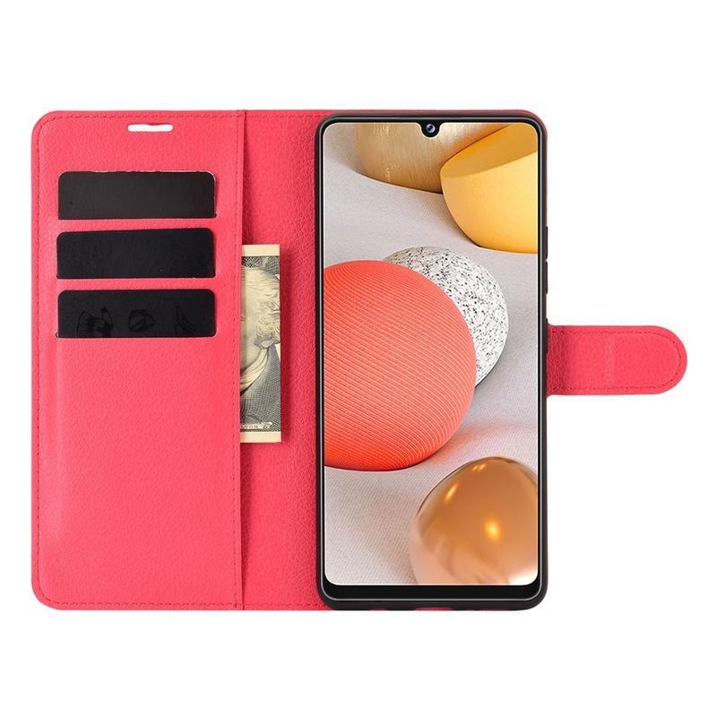 Litchi PU bőr pénztárca tok Samsung Galaxy A42 5G-hez - piros