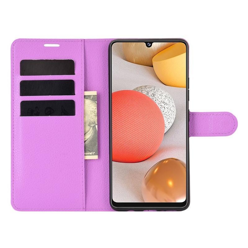Litchi PU bőr pénztárca tok Samsung Galaxy A42 5G-hez - lila