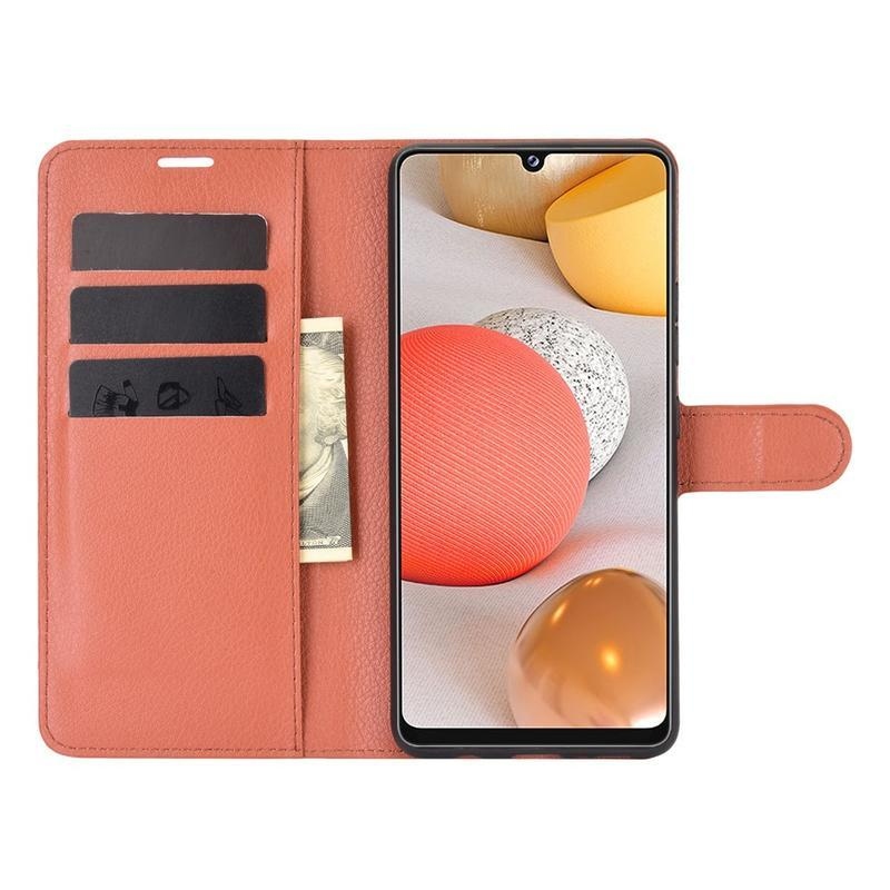 Litchi PU bőr pénztárca tok Samsung Galaxy A42 5G-hez - barna