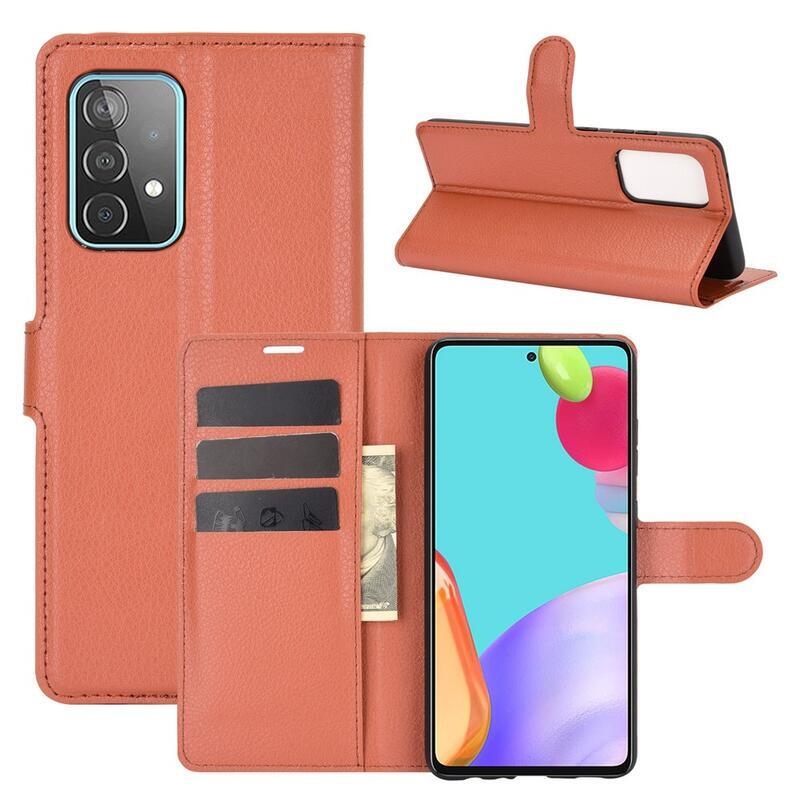 Litchi PU bőr pénztárca tok Samsung Galaxy A52 5G/4G/A52s 5G - barna