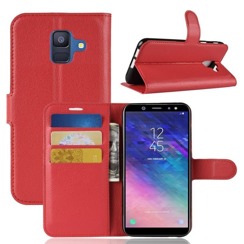 Litchi PU bőr pénztárca tok Samsung Galaxy A6 (2018) - piros