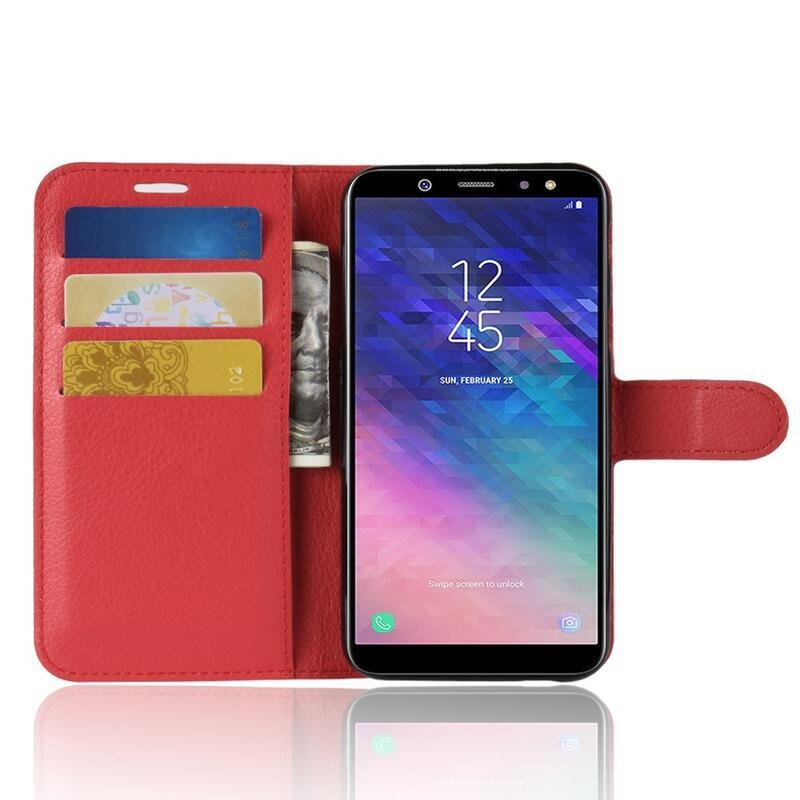 Litchi PU bőr pénztárca tok Samsung Galaxy A6 (2018) - piros