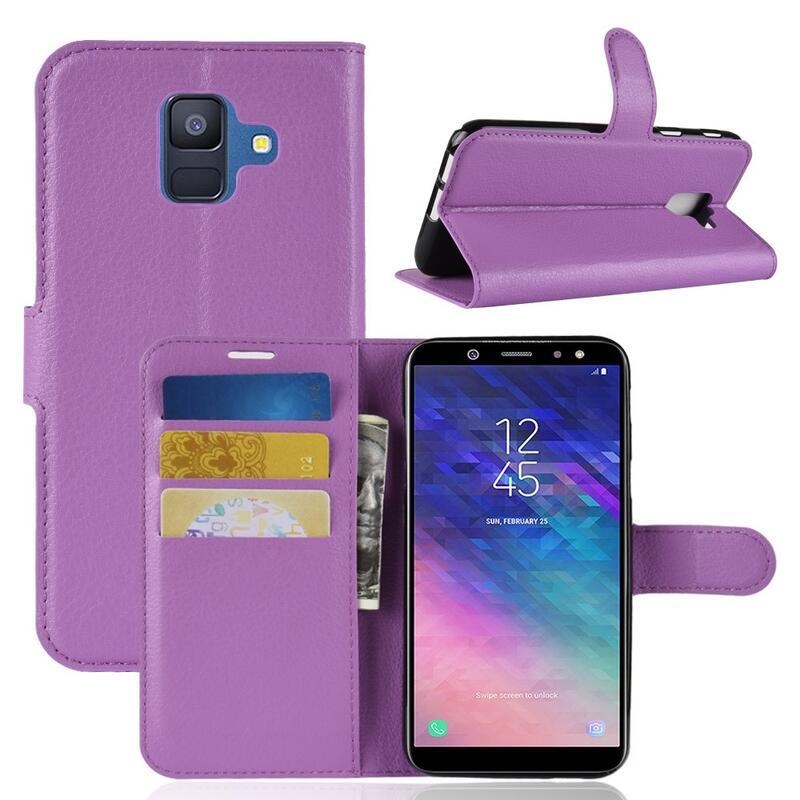 Litchi PU bőr pénztárca tok Samsung Galaxy A6 (2018) - lila