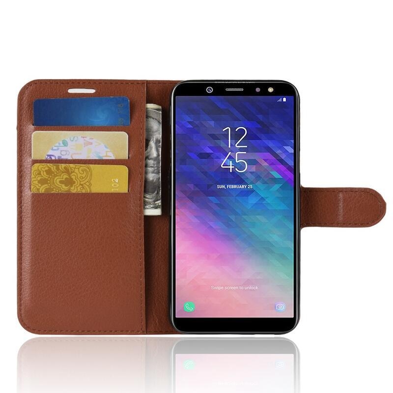 Litchi PU bőr pénztárca tok Samsung Galaxy A6 (2018) számára - barna
