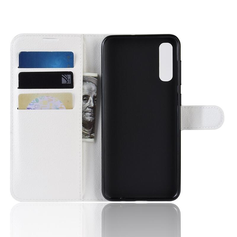 Litchi PU bőr pénztárca tok Samsung Galaxy A70 készülékhez - fehér