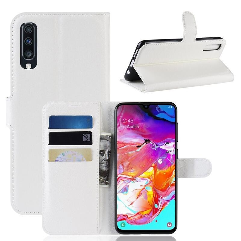 Litchi PU bőr pénztárca tok Samsung Galaxy A70 készülékhez - fehér