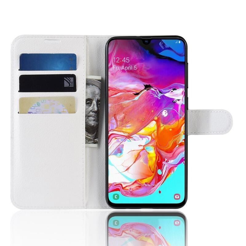 Litchi PU bőr pénztárca tok Samsung Galaxy A70 készülékhez - fehér